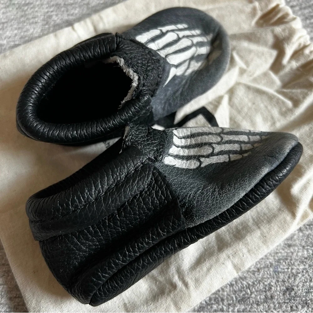 Freshly Picked Black Skeleton Kids Moccasins Shoes Size 3